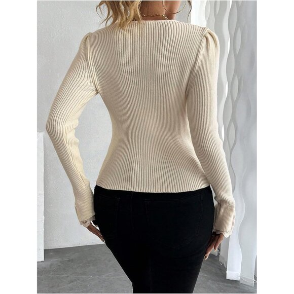 Women's V Neck Lace Sweater Long Sleeve Pearl Beaded Rib Knit Top - Picture 2 of 6